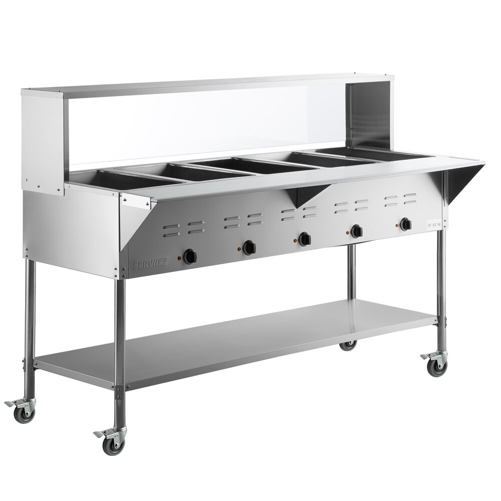 ServIt Five Pan Open Well Mobile Electric Steam Table with Undershelf