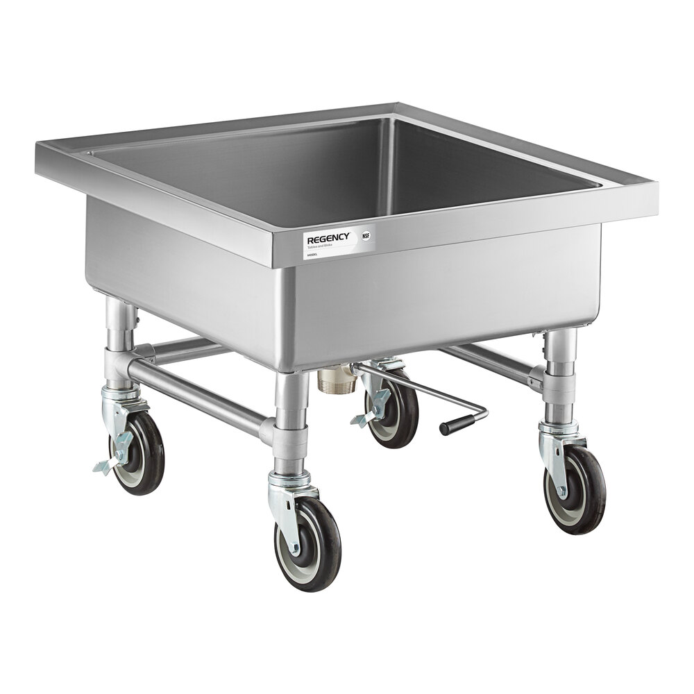 A stainless steel mobile soaking sink with four caster wheels and a deep square basin.