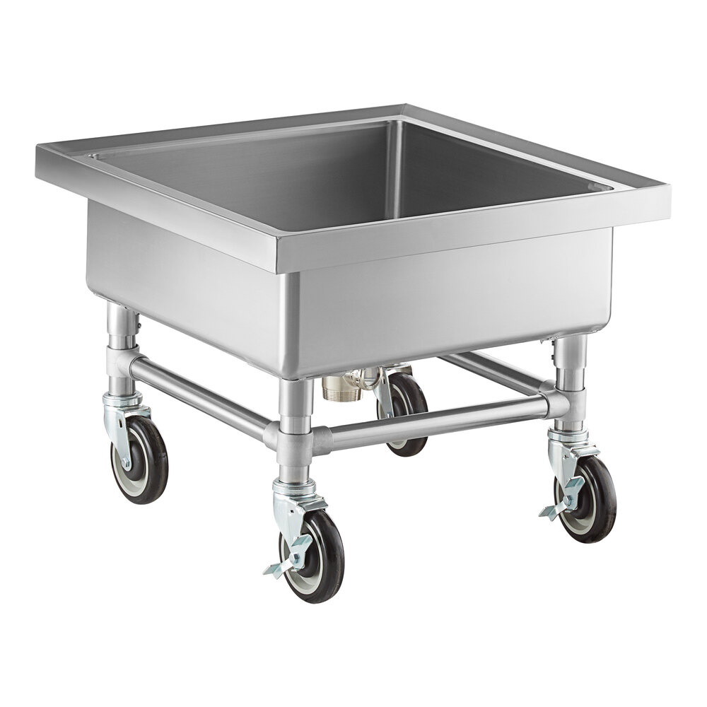 A square stainless steel sink with deep sides, mounted on four caster wheels for mobility.