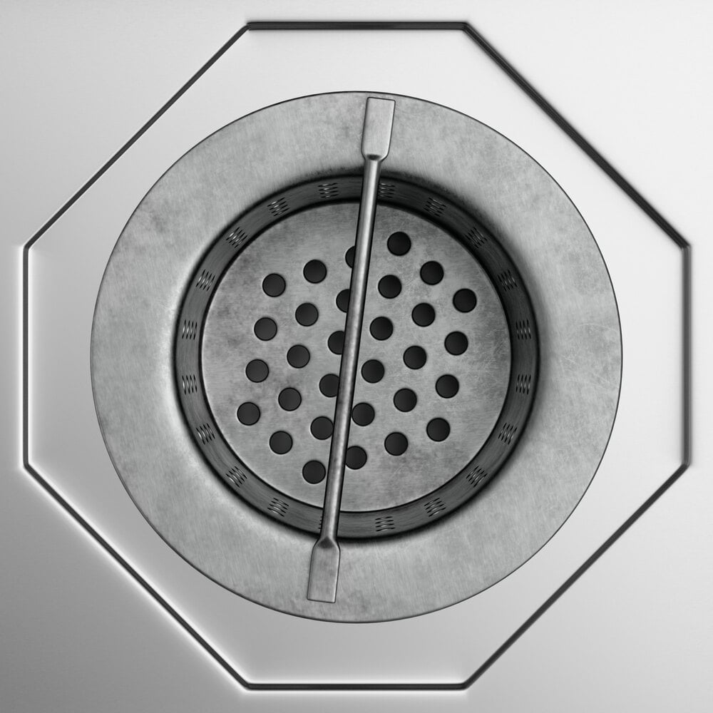 A stainless steel floor sink with a removable grate and circular perforations, set in a square base.