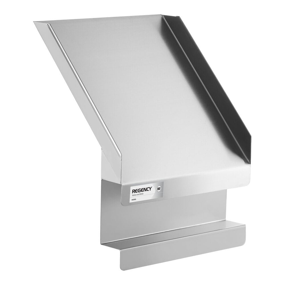 A stainless steel angled chute with raised edges and a lower lip, designed for attachment to another structure.