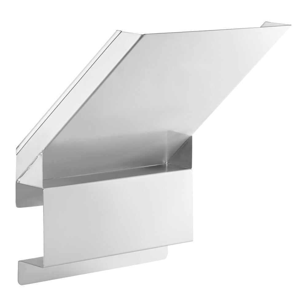 A metallic, angular chute attachment with a slanted top and rectangular base, designed to fit onto another structure.