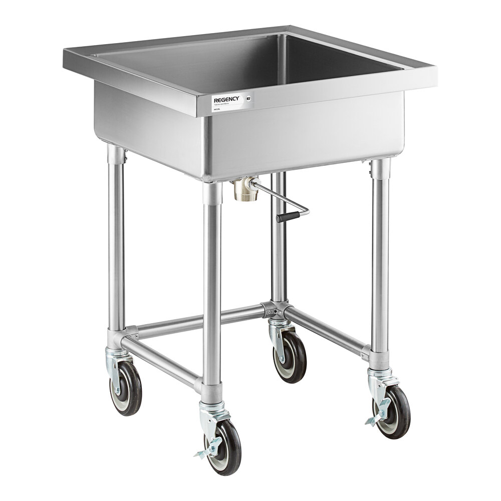 A stainless steel soaking sink with a deep square basin, mounted on four wheeled legs for mobility.