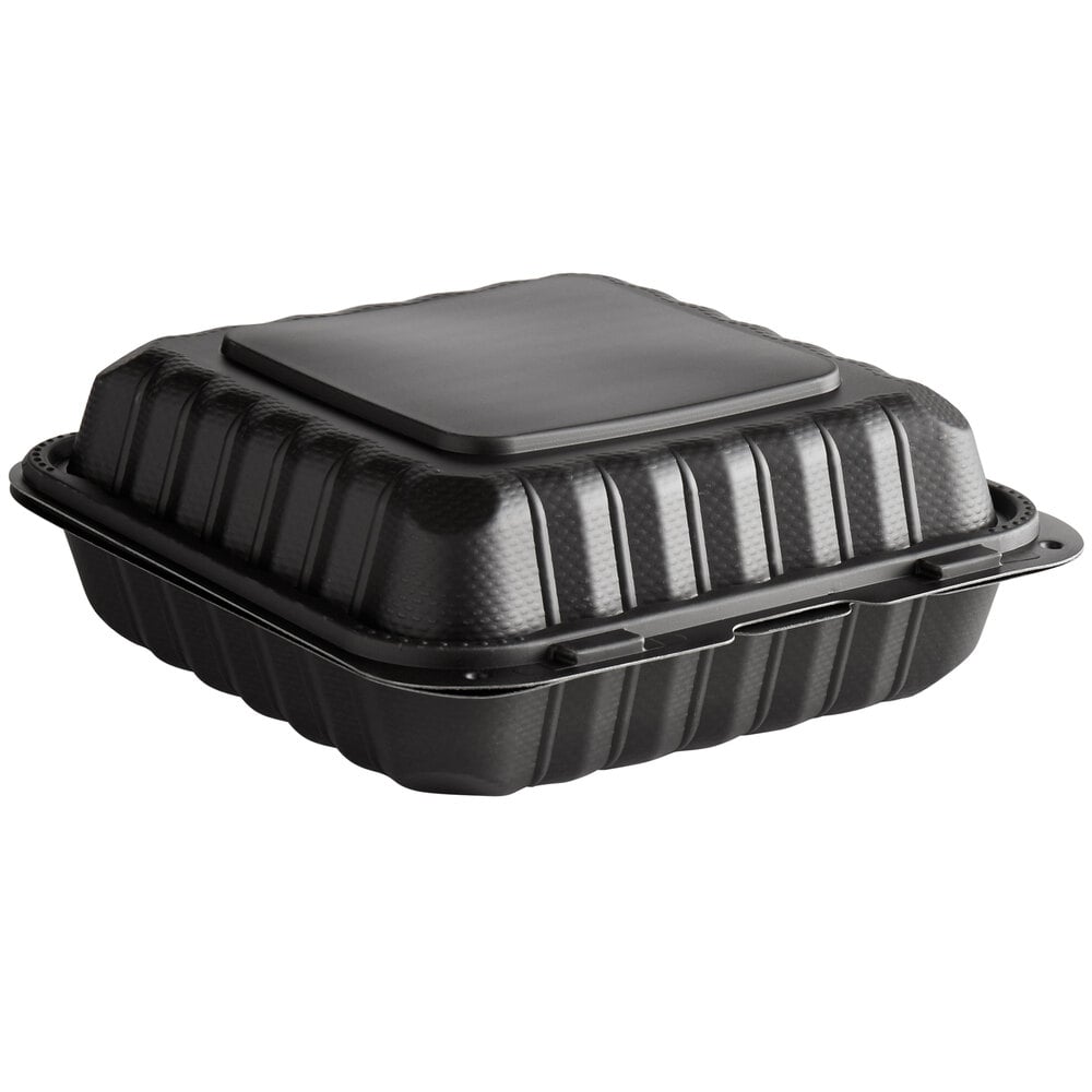 Square Microwaveable Black Plastic Hinged TakeOut Container 8" x 8" staurantStore