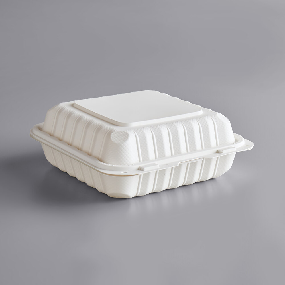 Square Microwaveable White Plastic Hinged Take-Out Container - 8" x 8