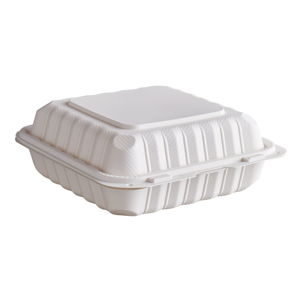 Square Microwaveable White Plastic Hinged Take-Out Container - 8