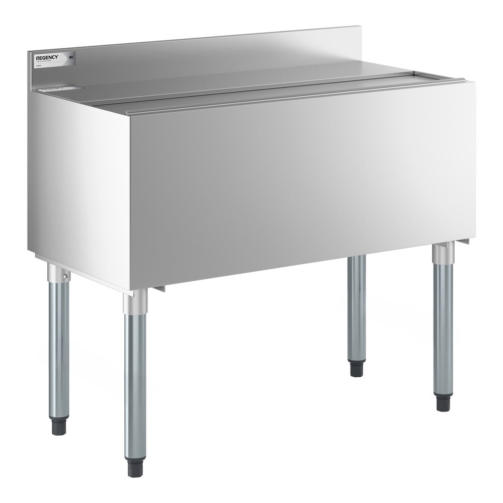 A stainless steel underbar ice bin with bottle holders and a sliding lid.