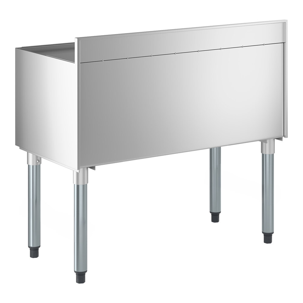 An 18-inch by 36-inch stainless steel underbar ice bin with bottle holders and a sliding lid.