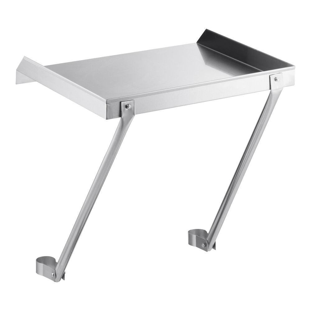 A metal drainboard with a flat surface, raised edges, and two angled support arms for wall mounting.