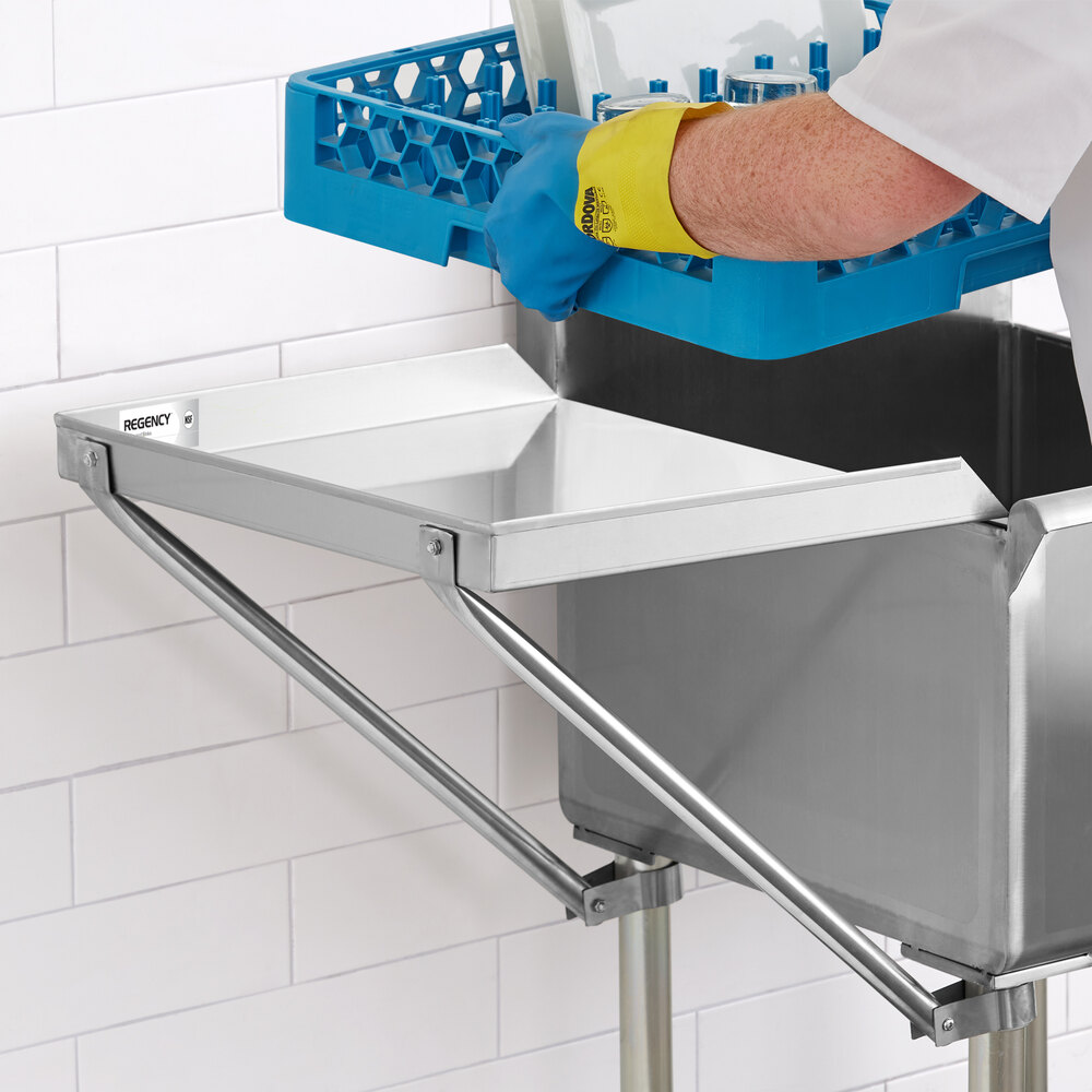A stainless steel detachable drainboard is attached to the side of a sink, with a person wearing gloves handling a blue dish rack above it.
