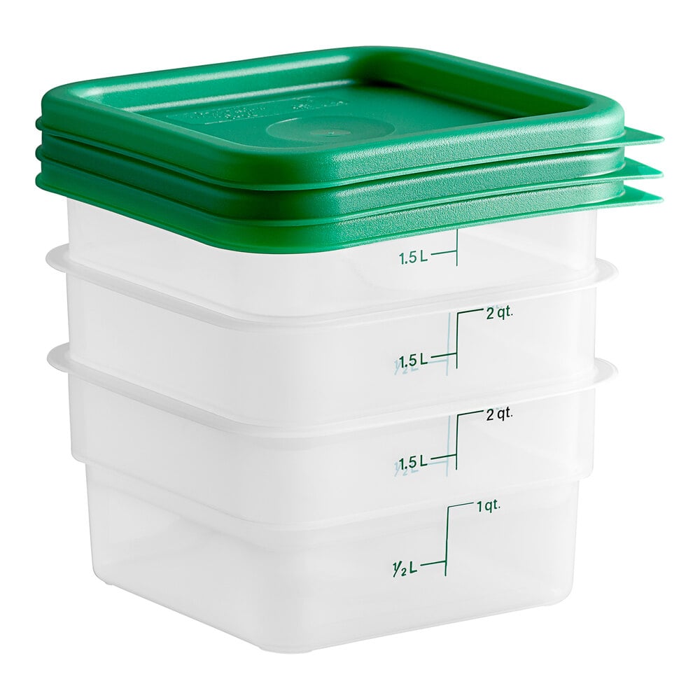 Cambro 2 Qt. Translucent Square Food Storage Container and Green Lid - 3/Pack