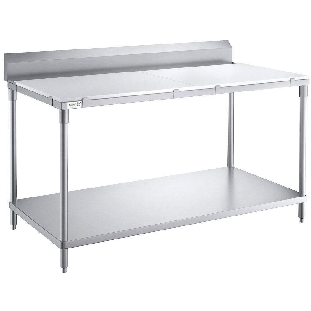 Regency 30 inch x 60 inch 14-Gauge 304 Stainless Steel Poly Top Table with 3/4 inch Thick Poly Top, Undershelf, and 6 inch Backsplash