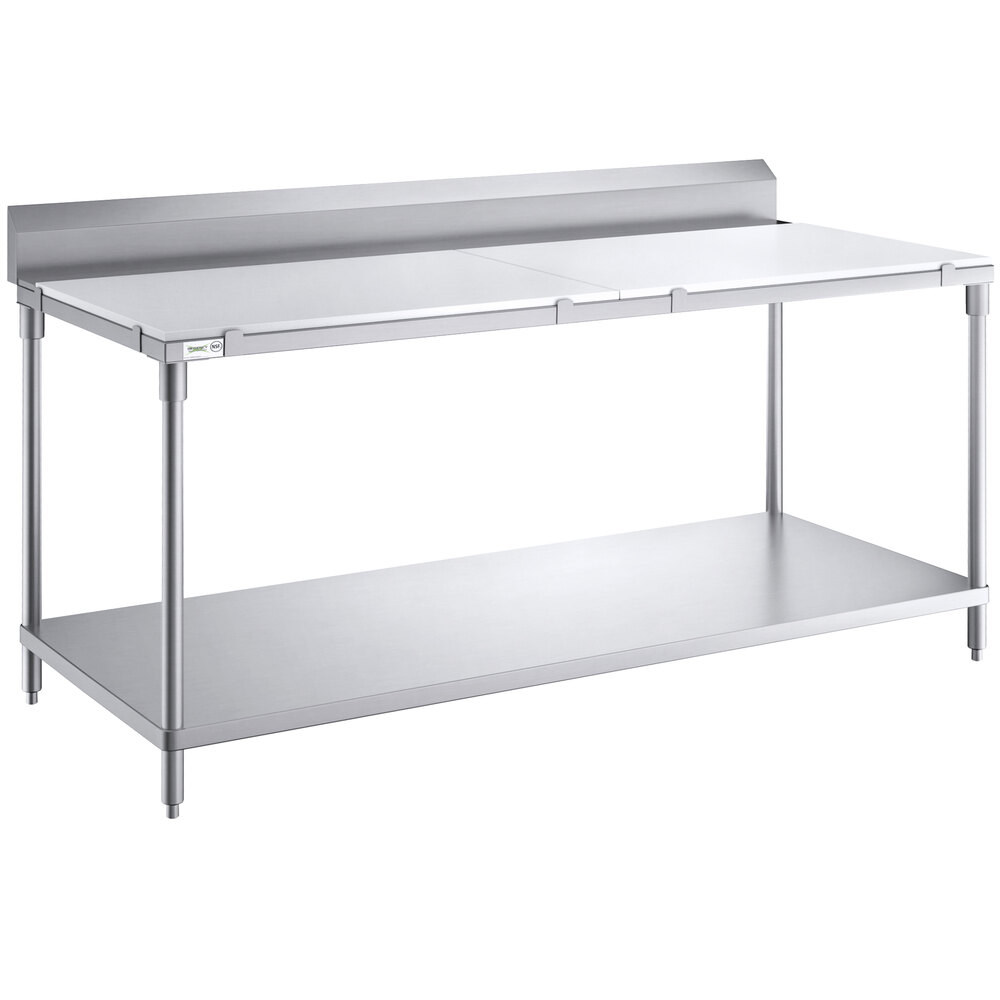 Regency 30 inch x 72 inch 14-Gauge 304 Stainless Steel Poly Top Table with 3/4 inch Thick Poly Top, Undershelf, and 6 inch Backsplash