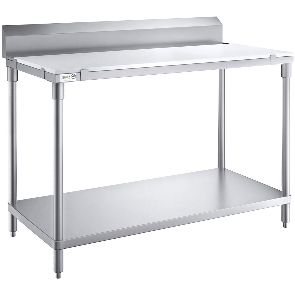 Regency 24 inch x 48 inch 14-Gauge 304 Stainless Steel Poly Top Table with 3/4 inch Thick Poly Top, Undershelf, and 6 inch Backsplash