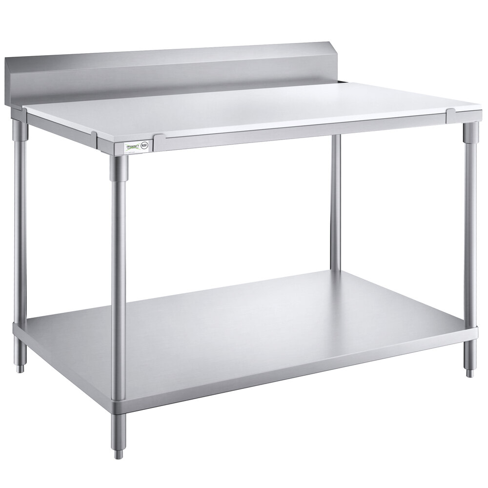 Regency 30 inch x 48 inch 14-Gauge 304 Stainless Steel Poly Top Table with 3/4 inch Thick Poly Top, Undershelf, and 6 inch Backsplash