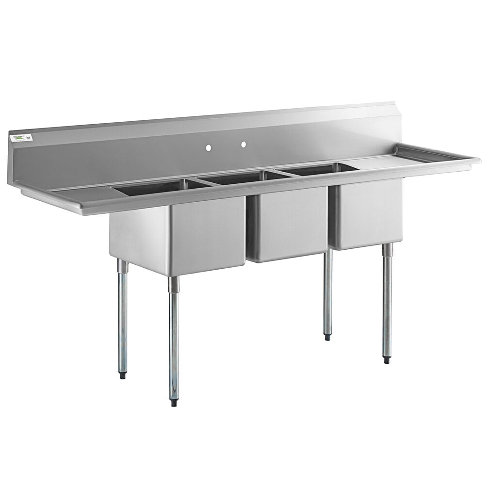 Regency 88 inch 16-Gauge Stainless Steel Three Compartment Commercial Sink with Galvanized Steel Legs and 2 Drainboards - 16 inch x 20 inch x 12 inch Bowls