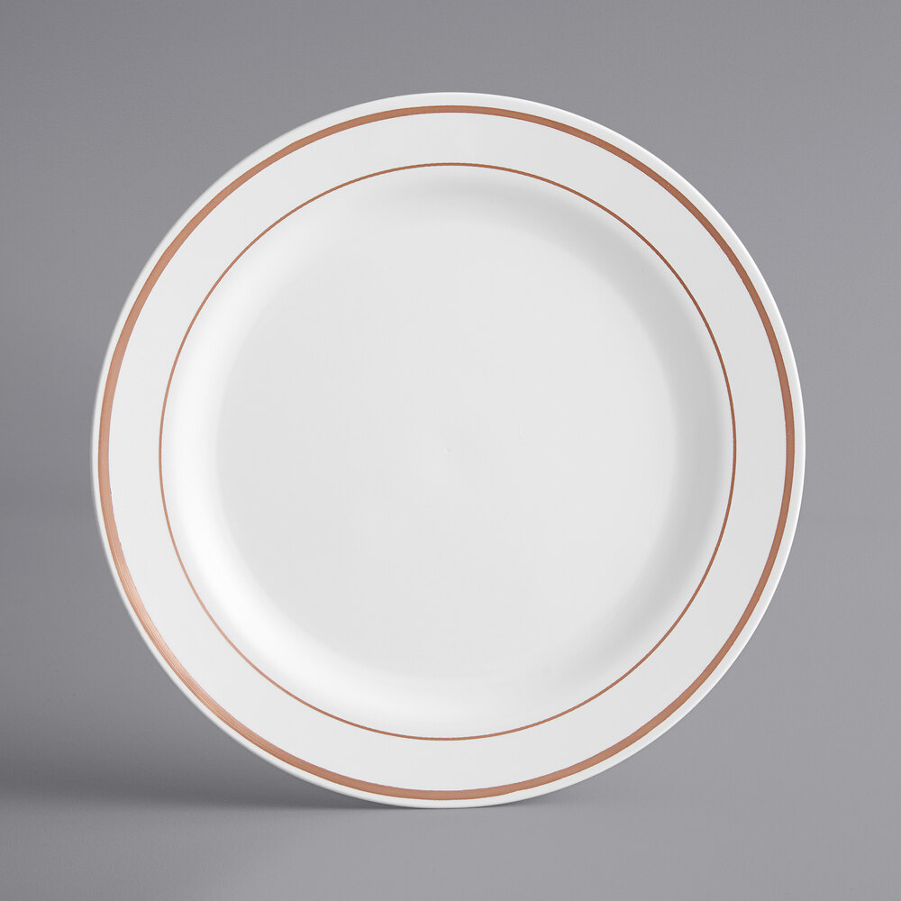 Visions 9" White Plastic Plate with Rose Gold / Copper Bands 120/Case