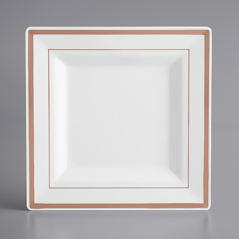 Visions 8" Square White Plastic Plate with Rose Gold / Copper Bands