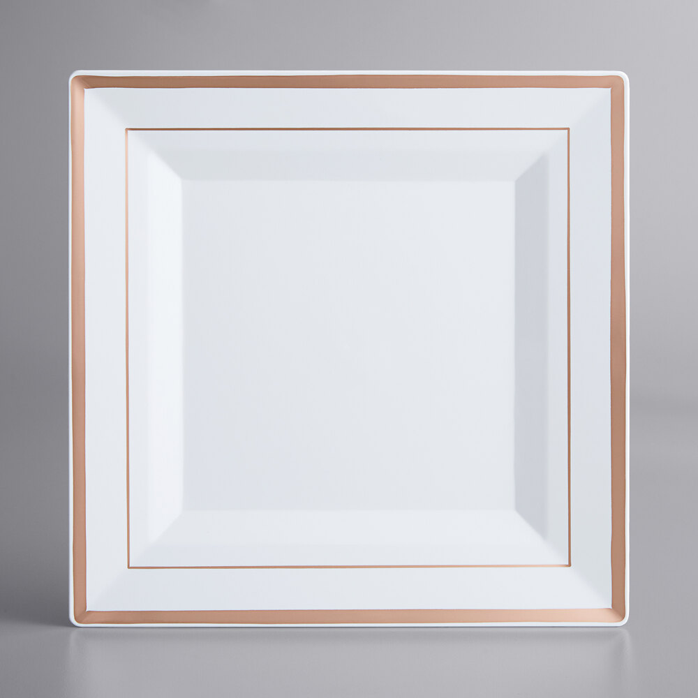 Visions 10" Square White Plastic Plate with Rose Gold / Copper Bands