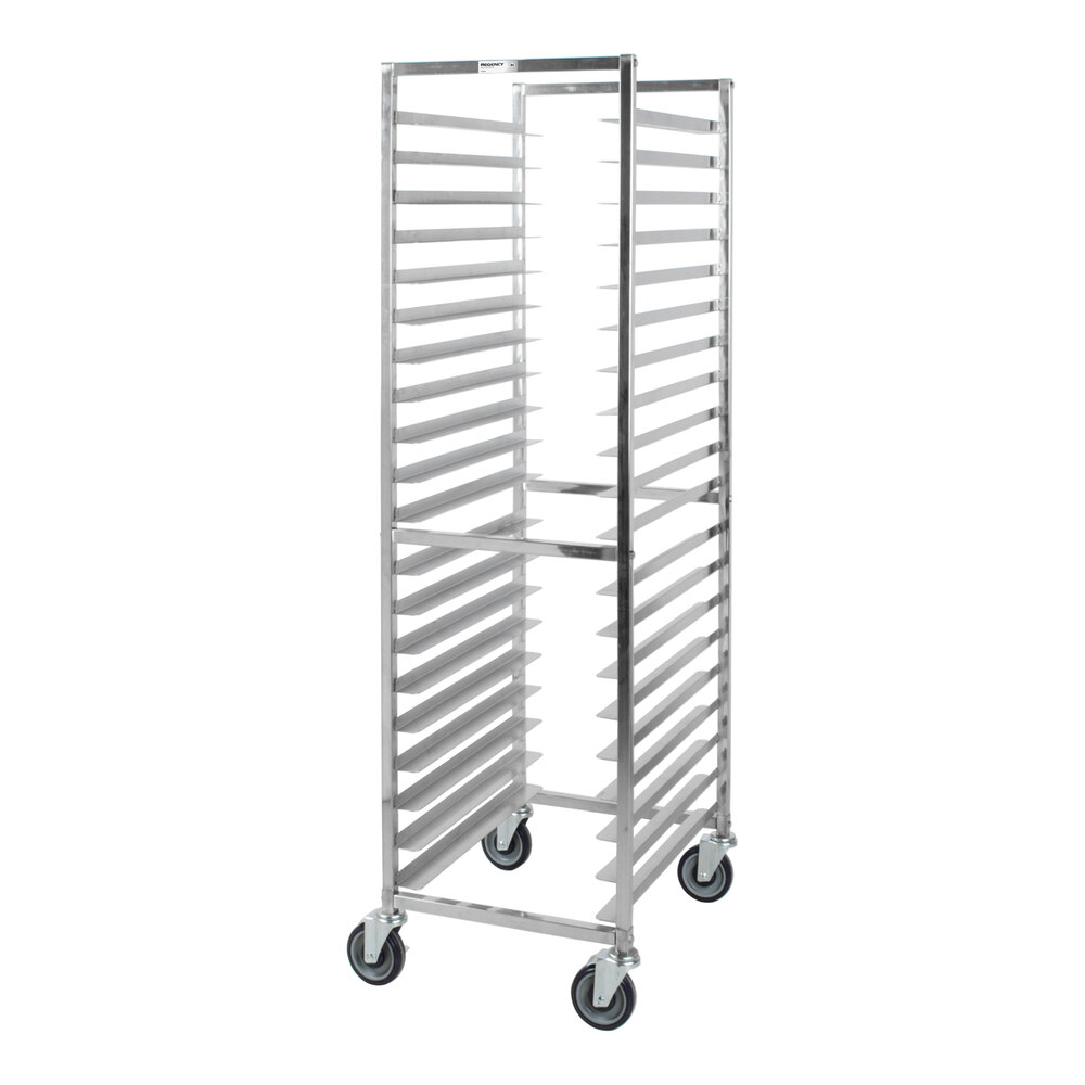 A tall, metal rack with multiple horizontal slots and four caster wheels, designed for holding trays or pans.