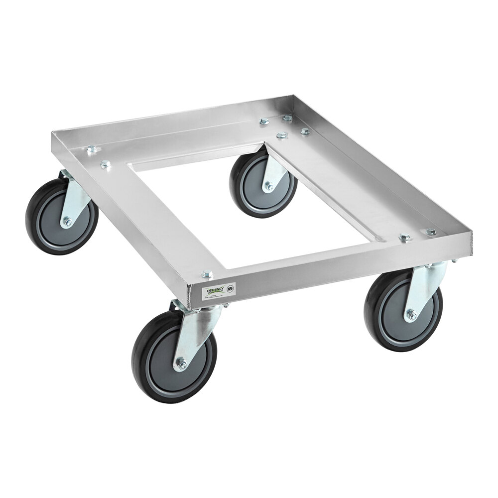 A metal dough proofing box truck with four caster wheels and an open square frame.