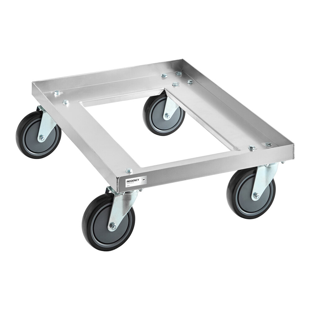 A metal square frame with four swivel caster wheels attached at each corner.