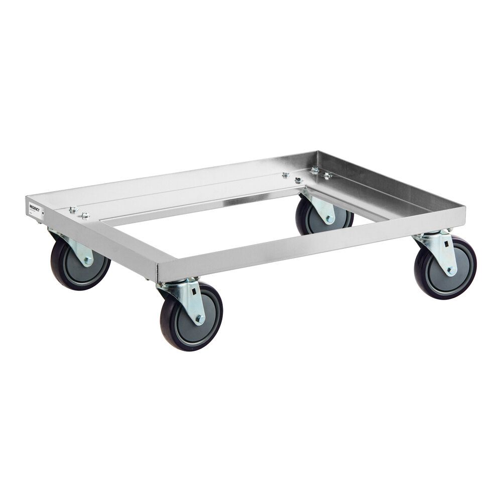 A rectangular metal dolly with four swivel caster wheels and an open center.