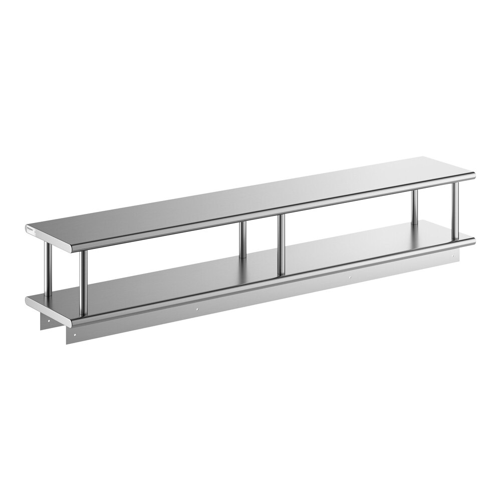 A stainless steel pass-through shelf with an overshelf, measuring 18 inches by 96 inches.