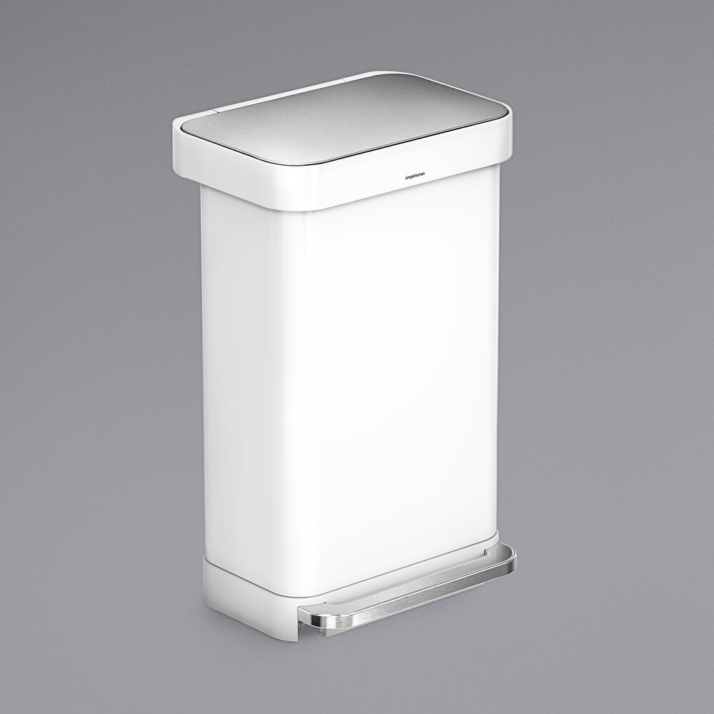 simplehuman CW2027 12 Gallon / 45 Liter White Stainless Steel Rectangular  Front Step-On Trash Can with Liner Pocket
