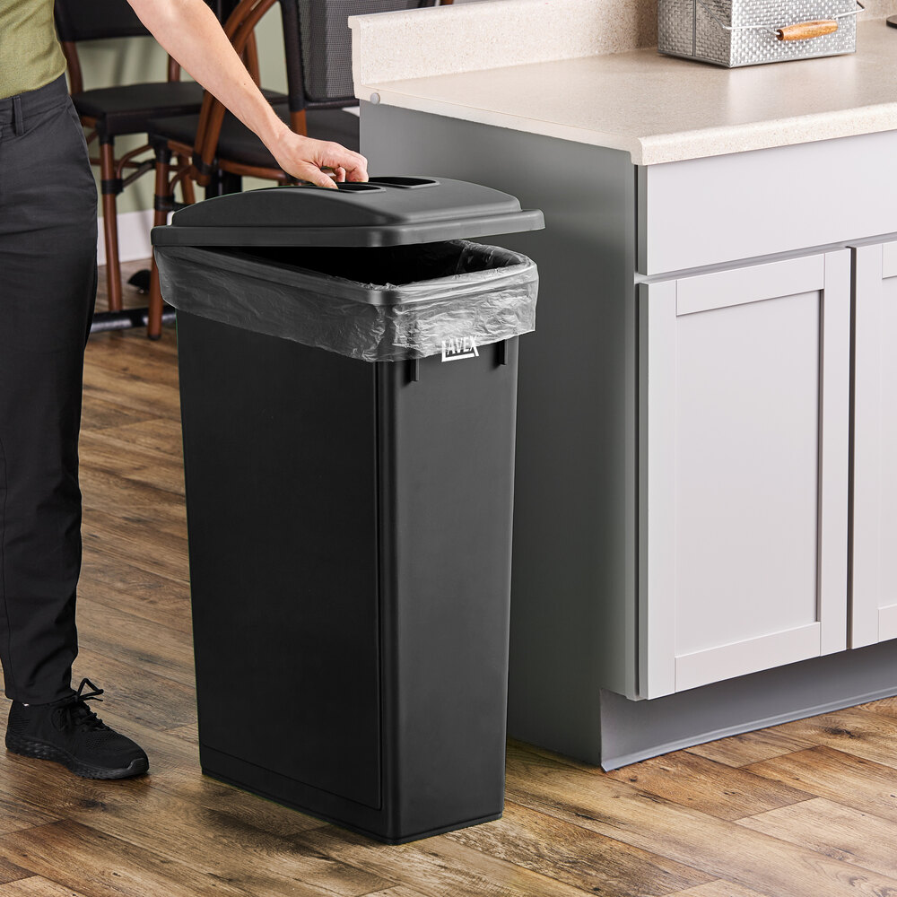 23 Gallon Black Slim Rectangular Trash Can and Black Flat Lid with