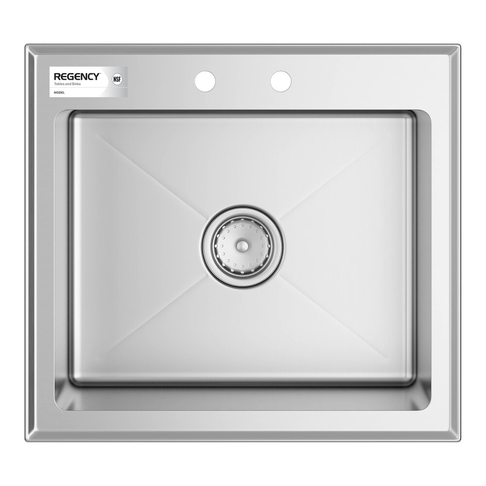 A top-down view of a stainless steel single-basin sink with two faucet holes and a central drain.