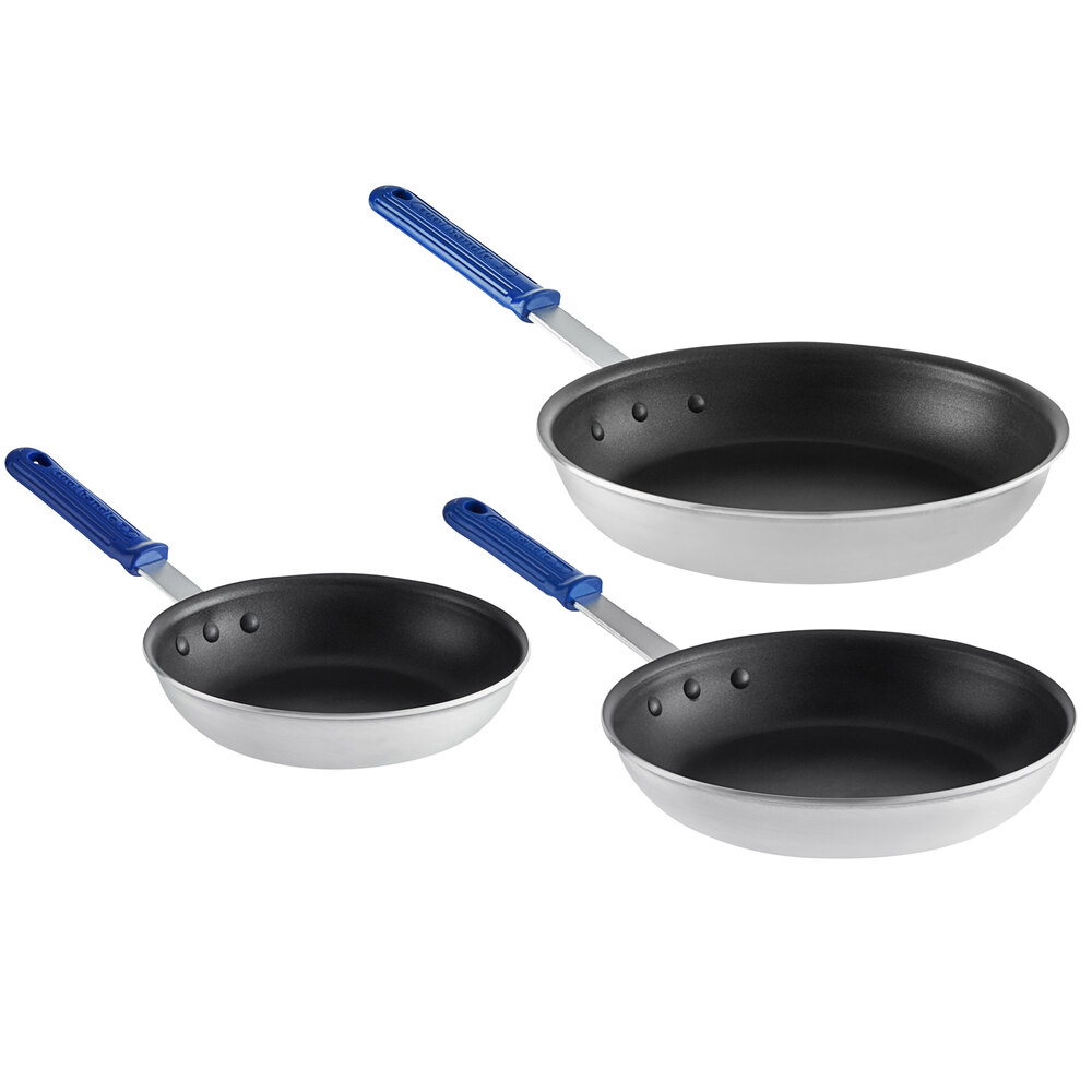 Vollrath Wear-Ever 3-Piece Aluminum Non-Stick Fry Pan Set with CeramiGuard II Coating and Blue Cool Handles - 8, 10, and 12 Frying Pans