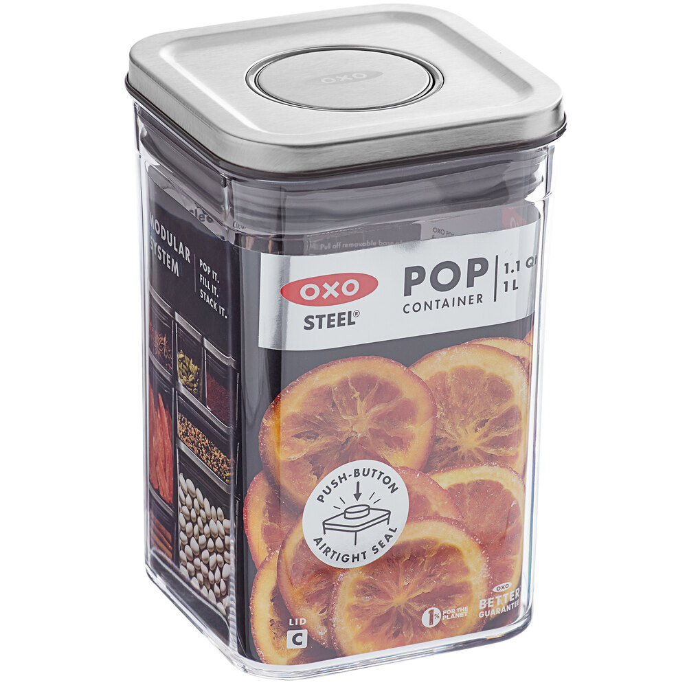 OXO 3118400 1.1 Qt. / 1 Liter Steel POP Small Square Short Container with Stainless Steel POP Lid