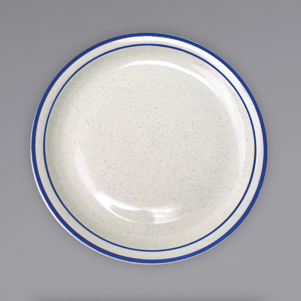 International Tableware DA-16 Danube 10 1/2 Ivory (American White) Blue Speckled Narrow Rim Stoneware Plate with Blue Bands - 12/Case