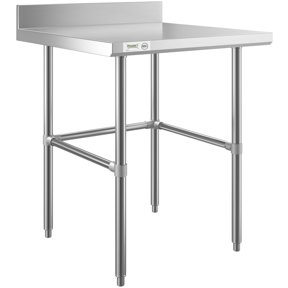 Regency 30 inch x 30 inch 16-Gauge 304 Stainless Steel Commercial Open Base Work Table with 4 inch Backsplash