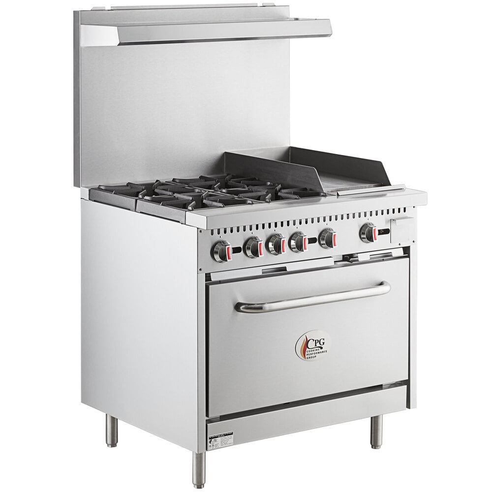 Cooking Performance Group S60-G36-N Natural Gas 4 Burner 60 Range with 36  Griddle and 2 Standard Ovens - 240,000 BTU