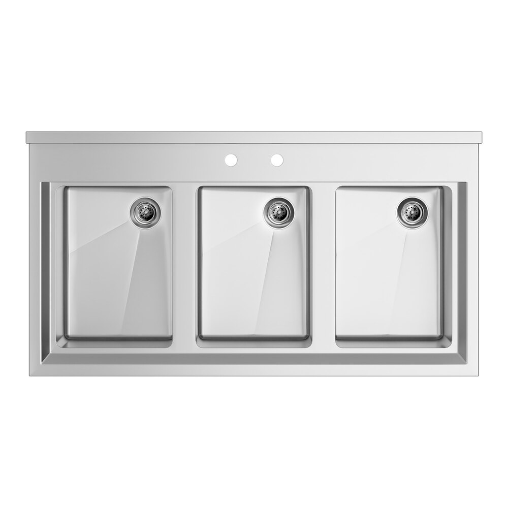 A stainless steel sink with three rectangular bowls and two faucet holes, viewed from above.