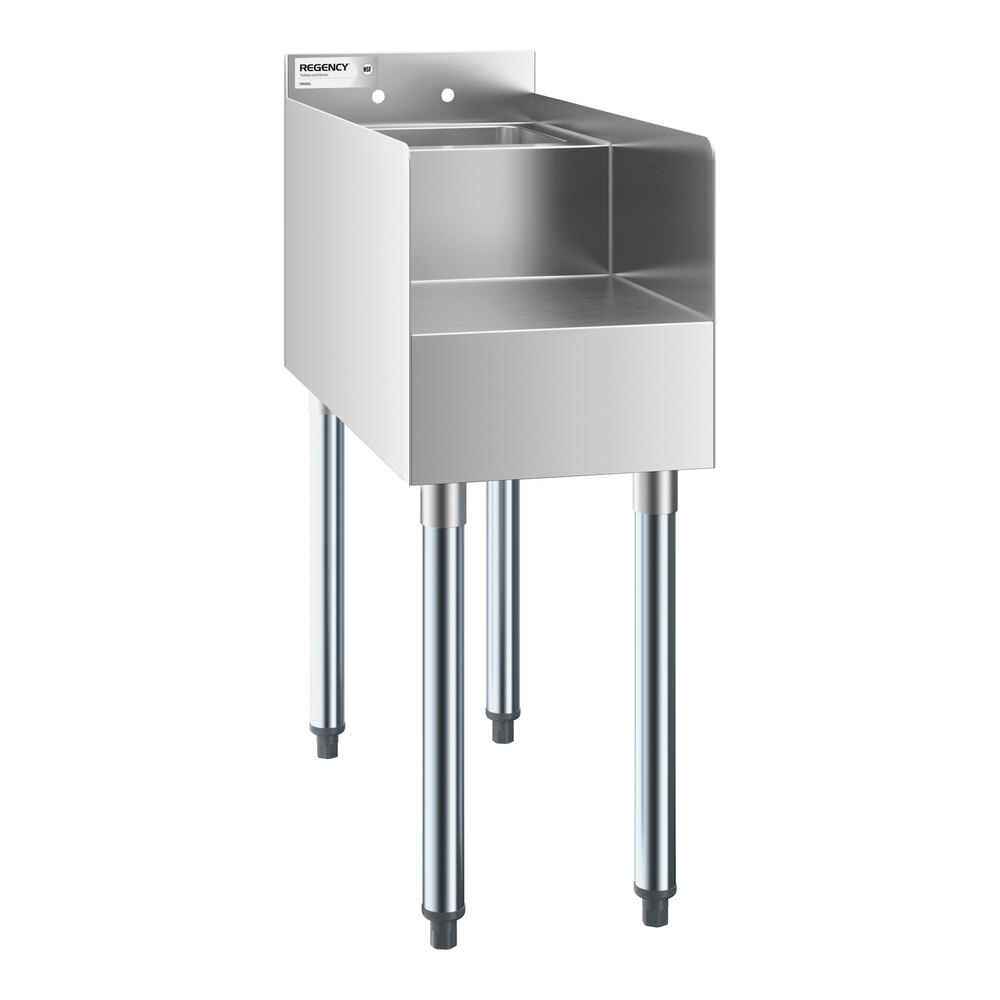 A stainless steel station with four legs, a raised back, and a small integrated sink.