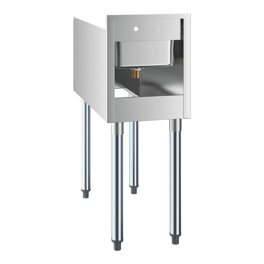 A stainless steel station with four legs, an open front, and a small integrated sink at the top.