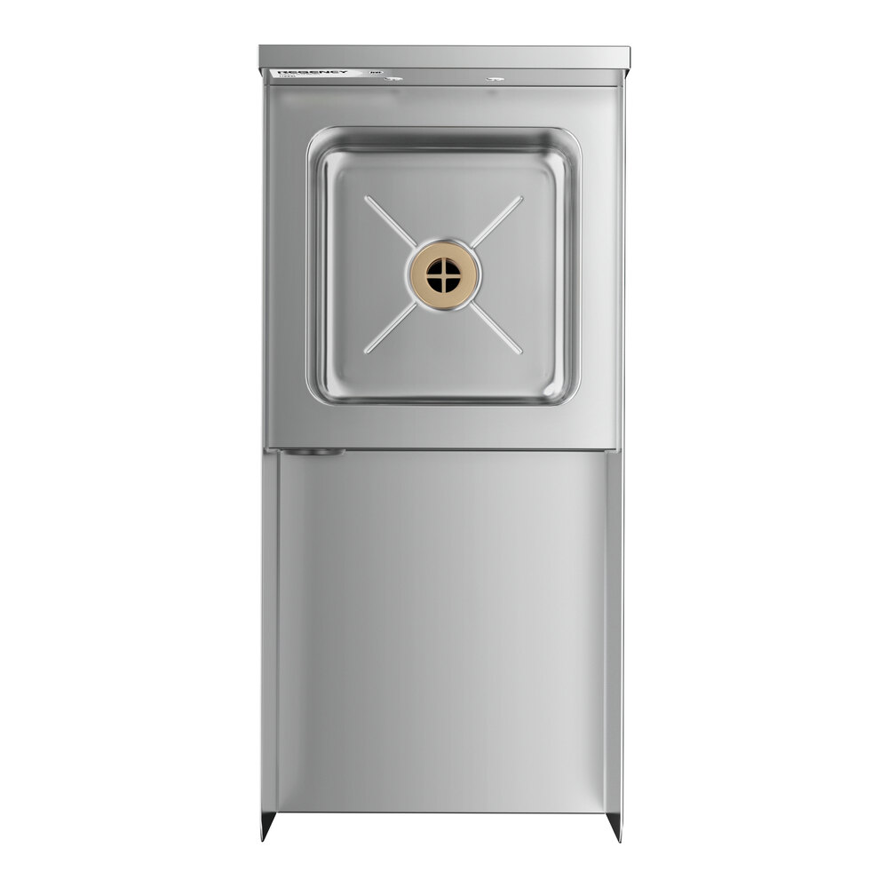 A stainless steel unit with a square sink basin and a drain in the center, featuring a smooth front panel and a flat top surface.