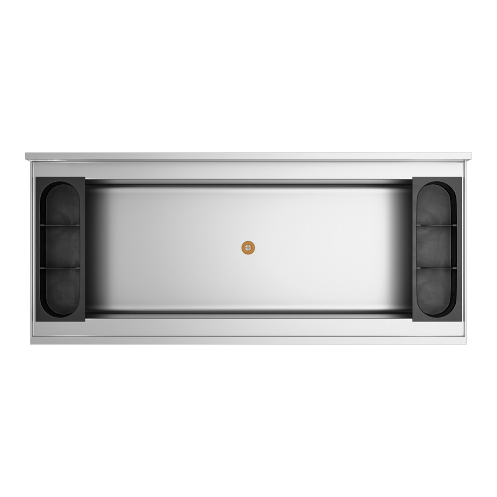 A rectangular stainless steel bin with a central drain and black bottle holders on both ends, viewed from above.