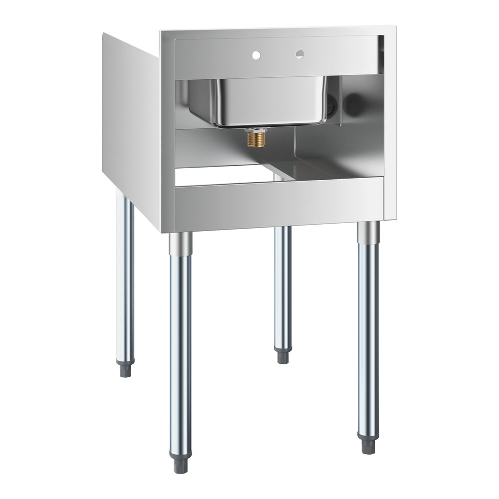 A stainless steel station with four legs, an open front, and a small integrated sink at the top.