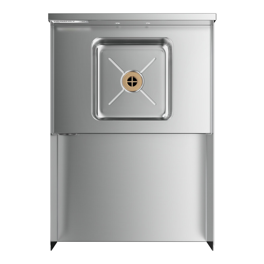 A stainless steel station featuring a square sink with a central drain and a flat work surface.