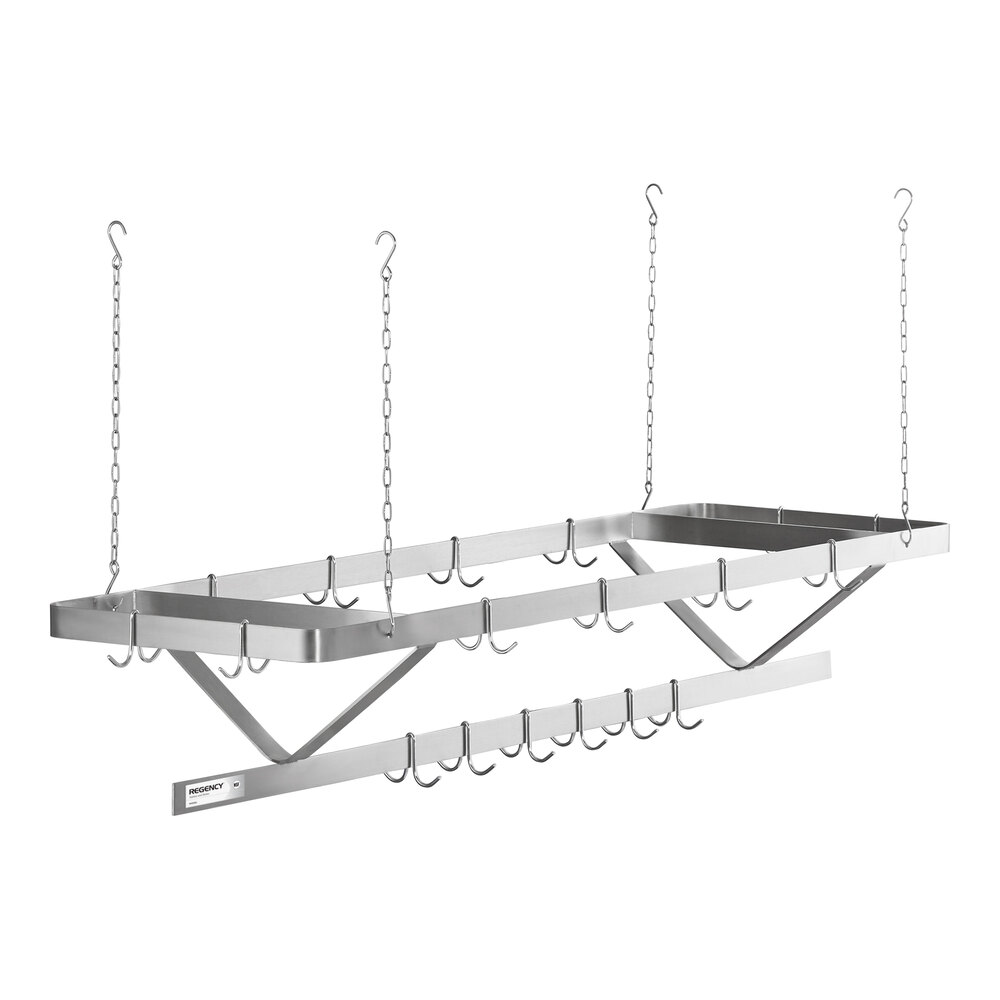 A stainless steel ceiling-mounted rack with multiple double prong hooks and four hanging chains.