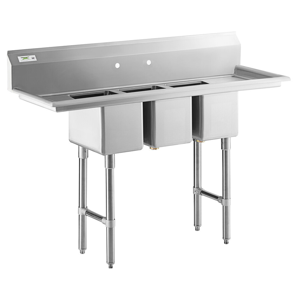 Regency 58 inch 16-Gauge Stainless Steel Three Compartment Commercial Sink with Stainless Steel Legs, Cross Bracing, and 2 Drainboards - 10 inch x 14 inch x 10 inch Bowls