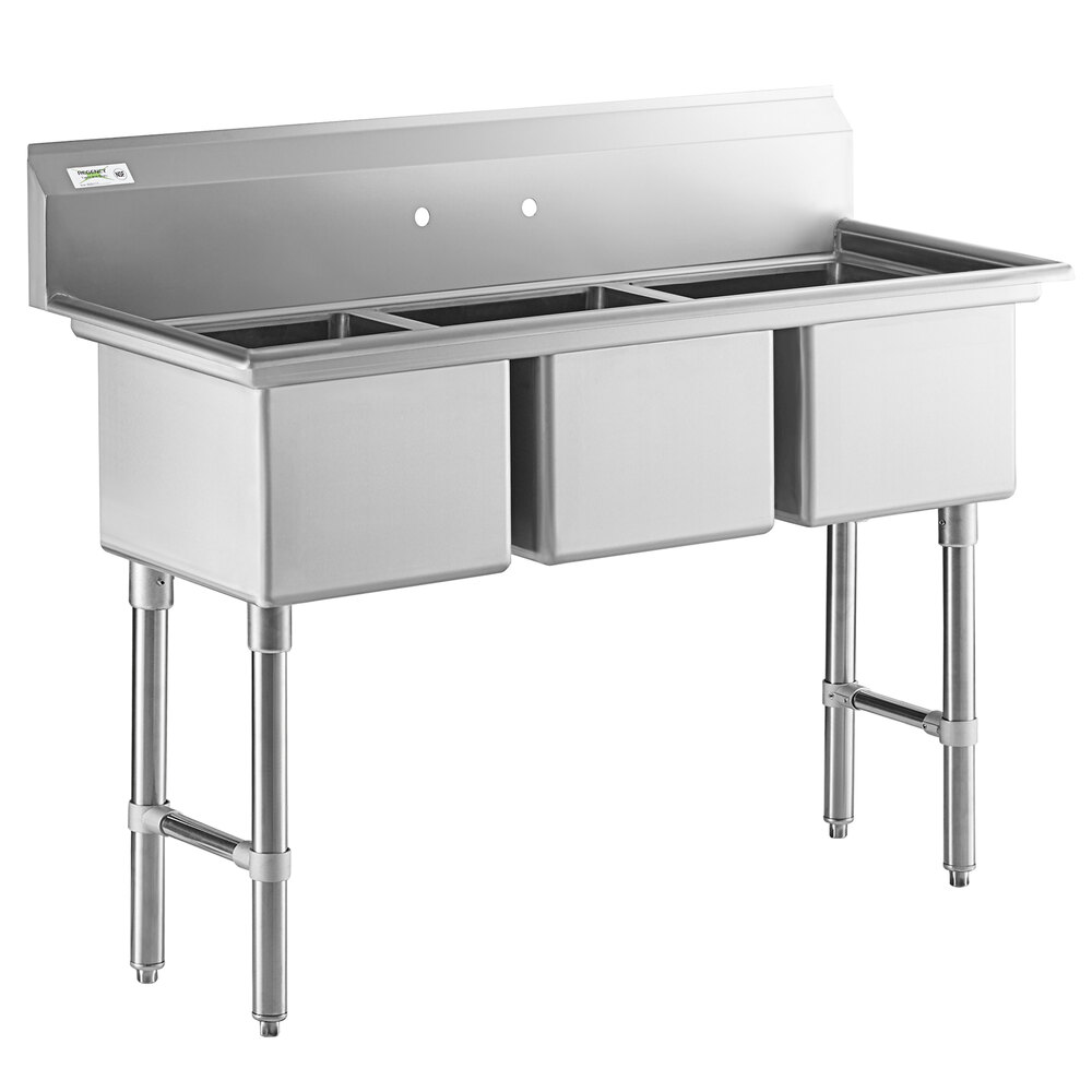 Regency 60 inch 16-Gauge Stainless Steel Three Compartment Commercial Sink with Stainless Steel Legs, Cross Bracing, and without Drainboard - 17 inch x 17 inch x 12 inch Bowls