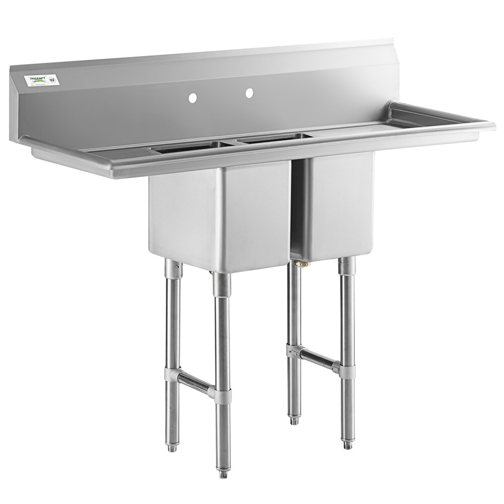 Regency 54 inch 16-Gauge Stainless Steel Two Compartment Commercial Sink with Stainless Steel Legs, Cross Bracing, and 2 Drainboards - 10 inch x 14 inch x 12 inch Bowls