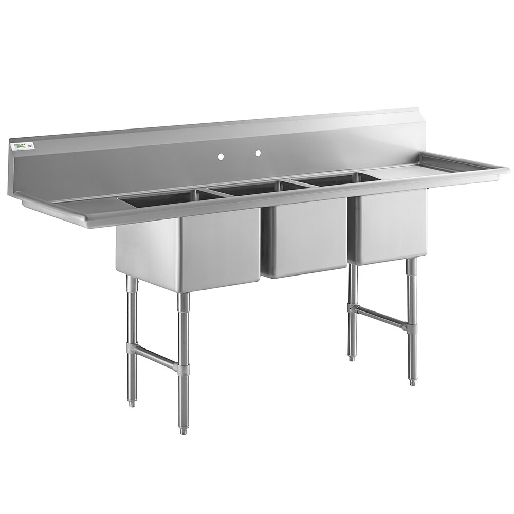 Regency 88 inch 16-Gauge Stainless Steel Three Compartment Commercial Sink with Stainless Steel Legs, Cross Bracing, and 2 Drainboards - 16 inch x 20 inch x 12 inch Bowls