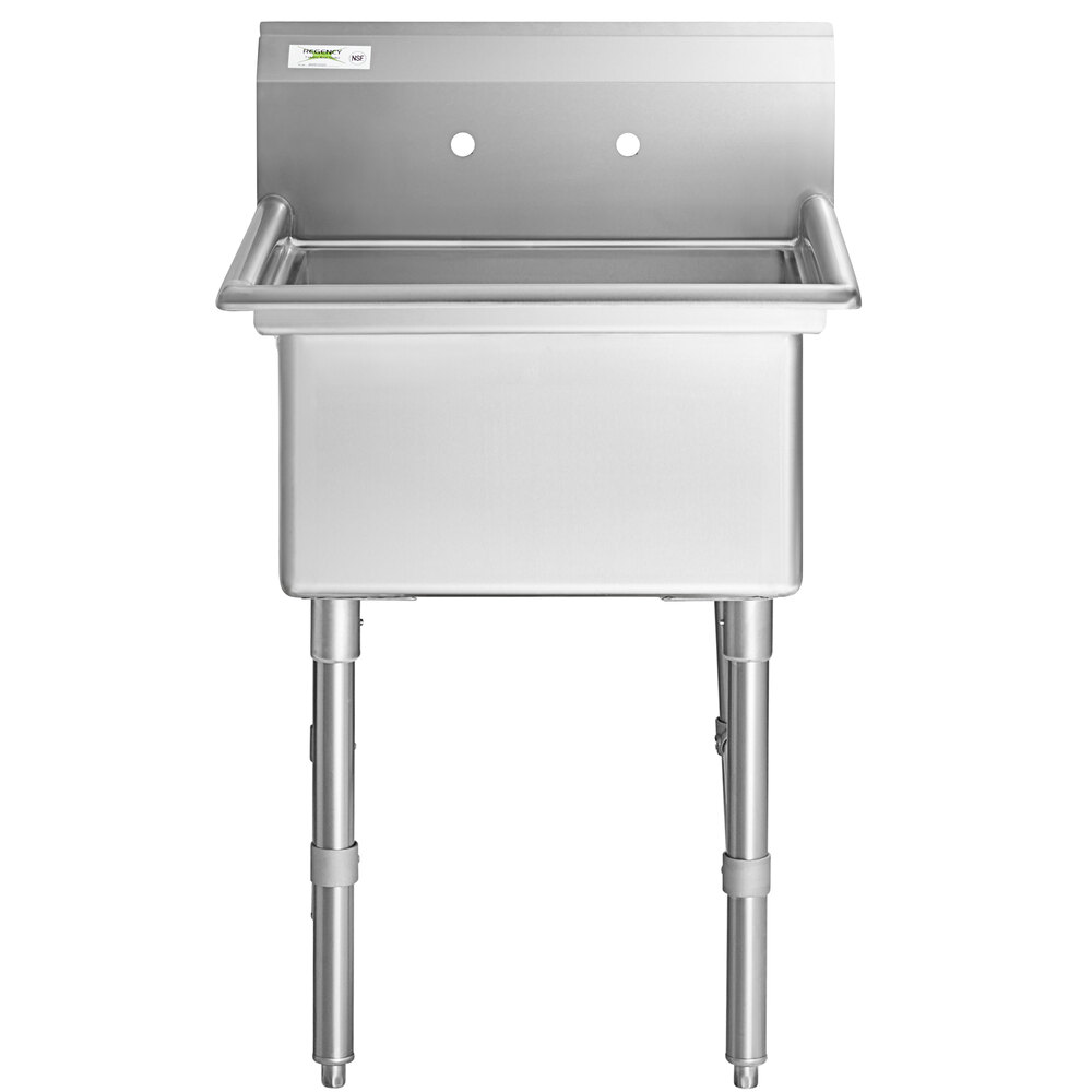 A Regency stainless steel one compartment sink with stainless steel legs and a faucet.