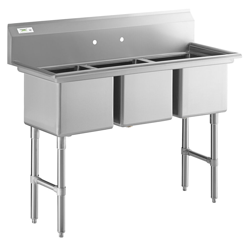 Regency 54 inch 16-Gauge Stainless Steel Three Compartment Commercial Sink with Stainless Steel Legs, Cross Bracing, and without Drainboard - 15 inch x 15 inch x 12 inch Bowls